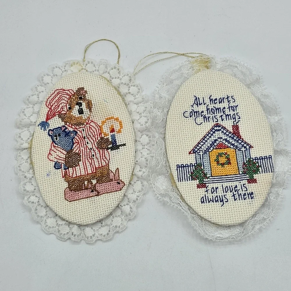 2 Vintage Needlepoint Ornament Christmas‎ Holiday Winter Cottagecore 5